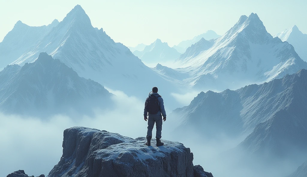 A person standing on a mountaintop, gazing at the horizon.