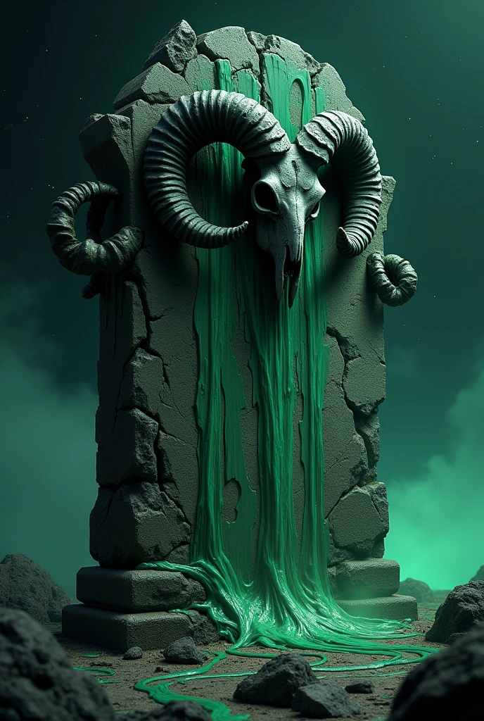 A broken and cracked tombstone, with black ram skulls and green slime overflowing from the cracks in the tombstone, and she is in the middle of space