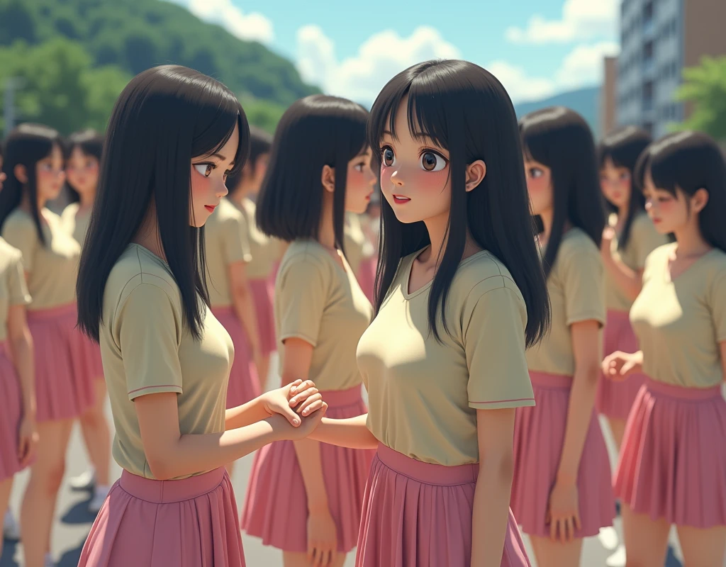 (((((Japanese Clone-girls=Myself))))), (((Super Best Perfect Clone-girls Raw Photography Art))), (((16K, Highest quality, Ultra-high resolution, Real Photography, RAW quality))), (((It's so unrealistic., An astonishing world view, With an unfathomable sight, In an out-of-this-world situation, In a world where Myself Clone-girls are multiplying in large numbers, Ultra-realistic, Delusion))), (((Japanese Girls, hashimoto-kanna, yo, Small face, Thick black hair, Semi-long hair, Dark Eyes, Mature face, Cute Smile, Smiling face, A gentle gaze, (((Very happy laughter)))))), (((Very beautiful detailed girls, Accurate body structure, Accurate body movements, Very detailed body, (((Big Breasts, J-Cup)))))), (((Summer GiSchool m, Beige short-sleeved shirt, I can see the cleavage, Big Breasts強調, Pink mini skirt))), ((((((((Very detailed, Myself cloning, Depiction of splitting oneself, 1Myself girl-cloning-1,000,000,000,000,000,000,000,000,000,000Myself clone-girls)))))))), (((((((Very detailed, Myself clone-girls, To the exact, Flawless, The same person portrayal, (((MyselfとFlawless同じ女体, MyselfとFlawless同じ顔, MyselfとFlawless同じ髪形, MyselfとFlawless同じ服, MyselfとFlawless同じ背丈, MyselfとFlawless同じJ-Cup)))))))))), (((((Myself clone-girls only))))), (((((1,000,000,000,000,000,000,000,000,000,000Myself clone-girls))))), (((Very detailed, Extremely crowded, Body-to-body contact with no gaps))), (Bright and soft lighting), (((((Clear and accurate perspective depiction, super wide view, Ultra-wide field of view, Focus on the average value of the image))))), (((((Very detailed depiction, More than a few thousand Myselves, Physical contact, Pleasant conversation, Holding hands, Hug, walk))))), In a place where you can see a hill in the city
