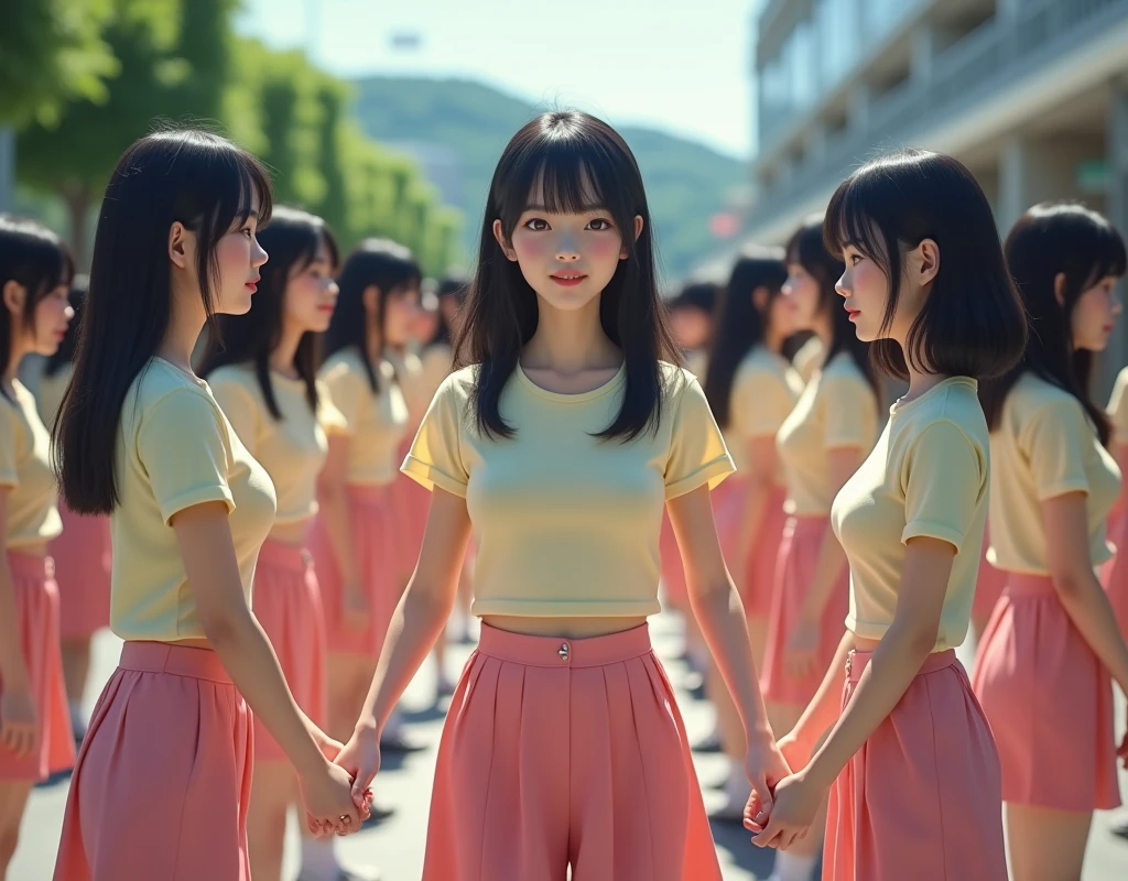 (((((Japanese Clone-girls=Myself))))), (((Super Best Perfect Clone-girls Raw Photography Art))), (((16K, Highest quality, Ultra-high resolution, Real Photography, RAW quality))), (((It's so unrealistic., An astonishing world view, With an unfathomable sight, In an out-of-this-world situation, In a world where Myself Clone-girls are multiplying in large numbers, Ultra-realistic, Delusion))), (((Japanese Girls, hashimoto-kanna, yo, Small face, Thick black hair, Semi-long hair, Dark Eyes, Mature face, Cute Smile, Smiling face, A gentle gaze, (((Very happy laughter)))))), (((Very beautiful detailed girls, Accurate body structure, Accurate body movements, Very detailed body, (((Big Breasts, J-Cup)))))), (((Summer GiSchool m, Beige short-sleeved shirt, I can see the cleavage, Big Breasts強調, Pink mini skirt))), ((((((((Very detailed, Myself cloning, Depiction of splitting oneself, 1Myself girl-cloning-1,000,000,000,000,000,000,000,000,000,000Myself clone-girls)))))))), (((((((Very detailed, Myself clone-girls, To the exact, Flawless, The same person portrayal, (((MyselfとFlawless同じ女体, MyselfとFlawless同じ顔, MyselfとFlawless同じ髪形, MyselfとFlawless同じ服, MyselfとFlawless同じ背丈, MyselfとFlawless同じJ-Cup)))))))))), (((((Myself clone-girls only))))), (((((1,000,000,000,000,000,000,000,000,000,000Myself clone-girls))))), (((Very detailed, Extremely crowded, Body-to-body contact with no gaps))), (Bright and soft lighting), (((((Clear and accurate perspective depiction, super wide view, Ultra-wide field of view, Focus on the average value of the image))))), (((((Very detailed depiction, More than a few thousand Myselves, Physical contact, Pleasant conversation, Holding hands, Hug, walk))))), In a place where you can see a hill in the city