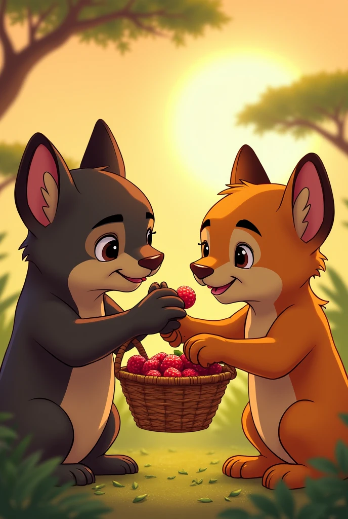 A quiet moment of Kipo feeding Themba juicy berries from a basket, with a focus on their hands and the berries, set against a warm savannah backdrop.
cartoon 