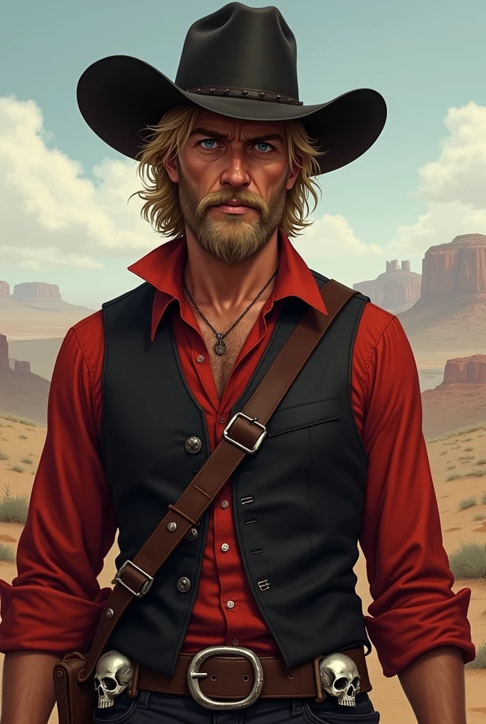 Cowboy, 30years, living in 1901, old american west, blonde medium hair, barba mediana, blue colored eyes, small scar on left eye, brave face, red blouse, black vest, black cowboy hat, skull rings, bandolier, bounty hunter