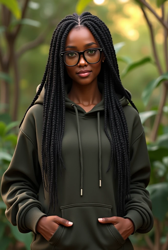 (photorealism:1.2), beautiful Kenyan woman,22 years, beautiful green eyes,sharp boobs,smiling,wearing a fitting hoodie,long braids, black oversized glasses, standing , realistic details, nature shot.cardi b inspiration