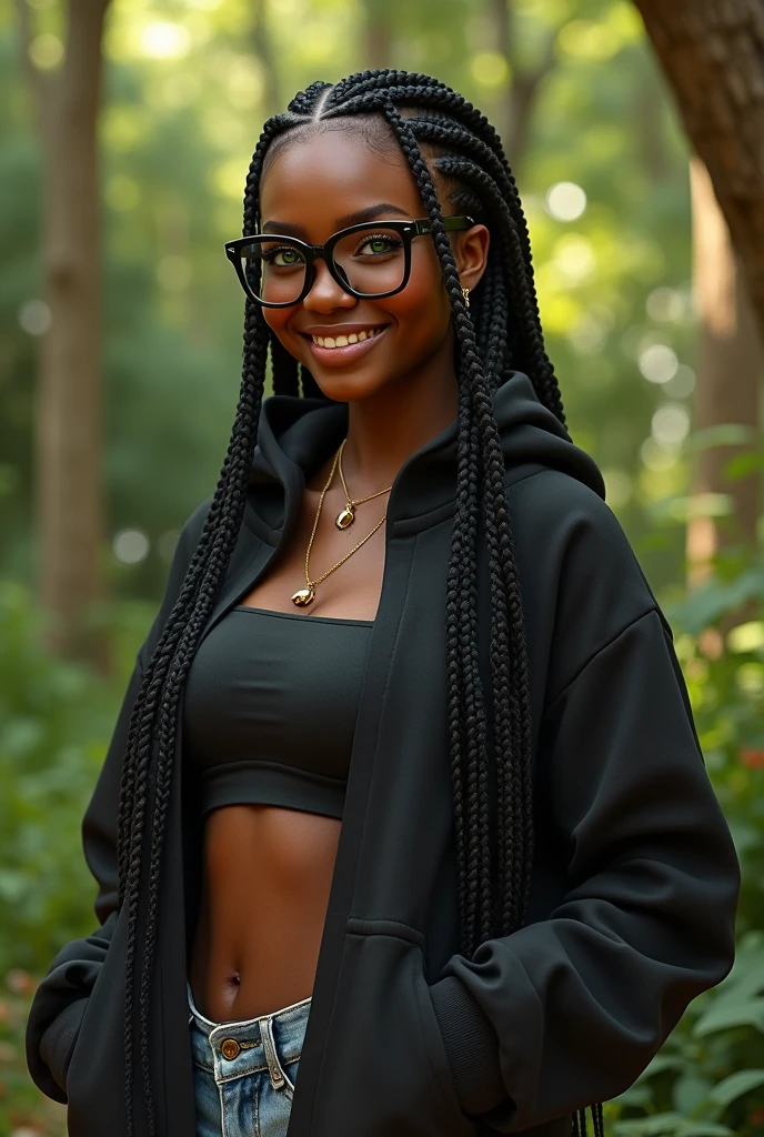 (photorealism:1.2), beautiful Kenyan woman,22 years, beautiful green eyes,sharp boobs,smiling,wearing a fitting hoodie,long braids, black oversized glasses, standing , realistic details, nature shot.cardi b inspiration