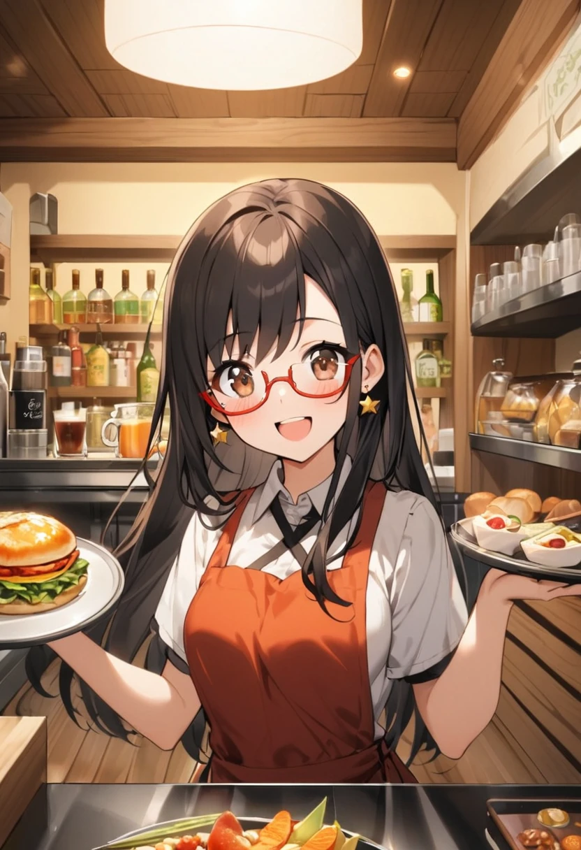 1girl, 17yo, brown eyes are shining and cute, black hair, long hair, tareme, (red-rimless eyewear:1.2), star earrings, medium breasts, smile, blushful, smiling with an open mouth, spinning and holding a tray of many foods and drinks in a restrant setting, full-body portrait,at the restrant counter.
