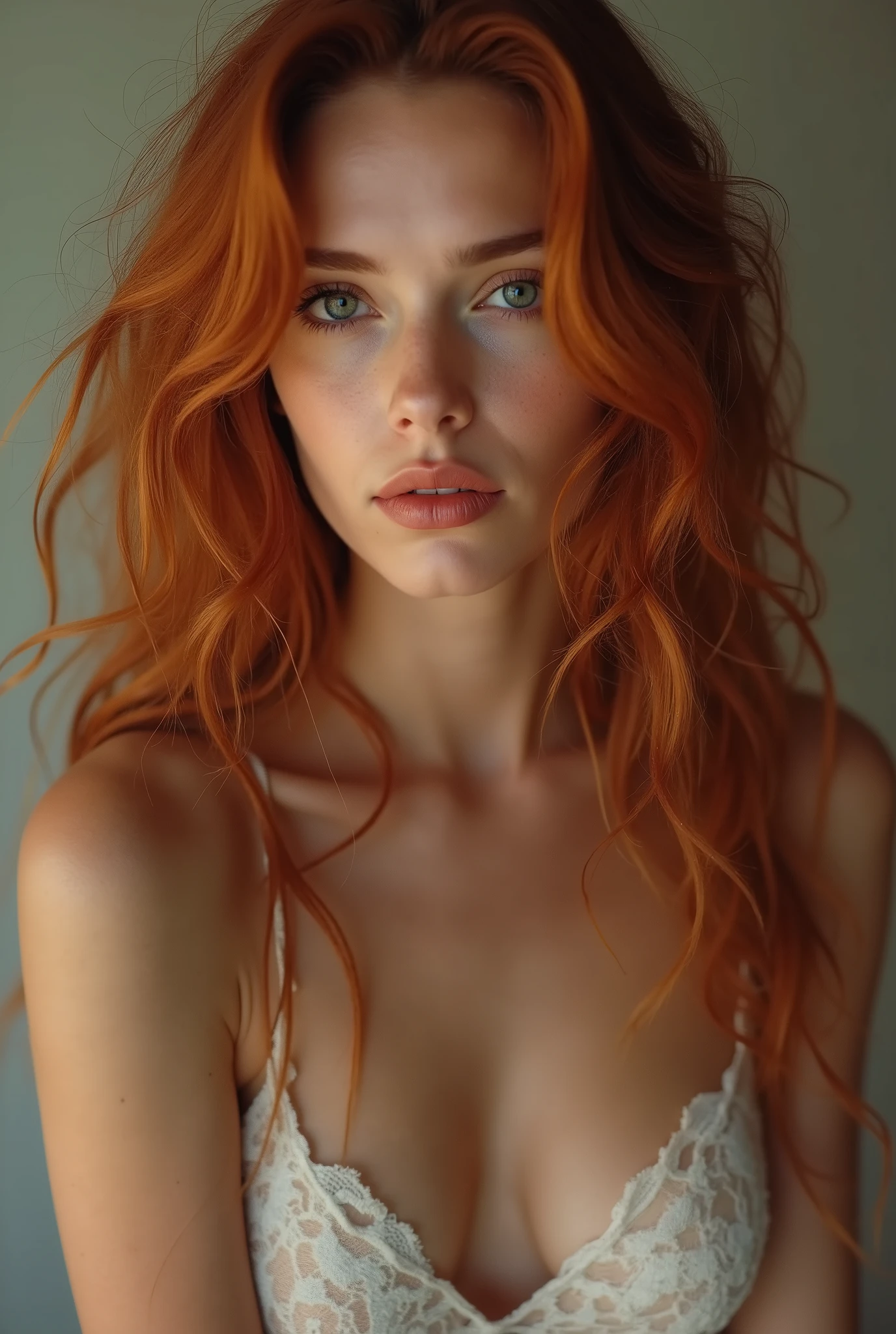 A woman with traits similar to Scarlett Johansson. Has long hair, wavy and red hair that cascades over her shoulders. Her facial features include high cheekbones, Full lips and almond-shaped, expressive eyes. The woman radiates confidence and elegance, with a soft, neutral background that emphasizes its striking appearance. A naked teenager looks sadly into the camera lens, Her body looks like that of a teenager and she has big breasts... lace socks. In the bedroom. Open your legs wide.naked알몸.cuerpo naked.naked.See the conspiracy.open your eyes wide.Open your buttocks wide.