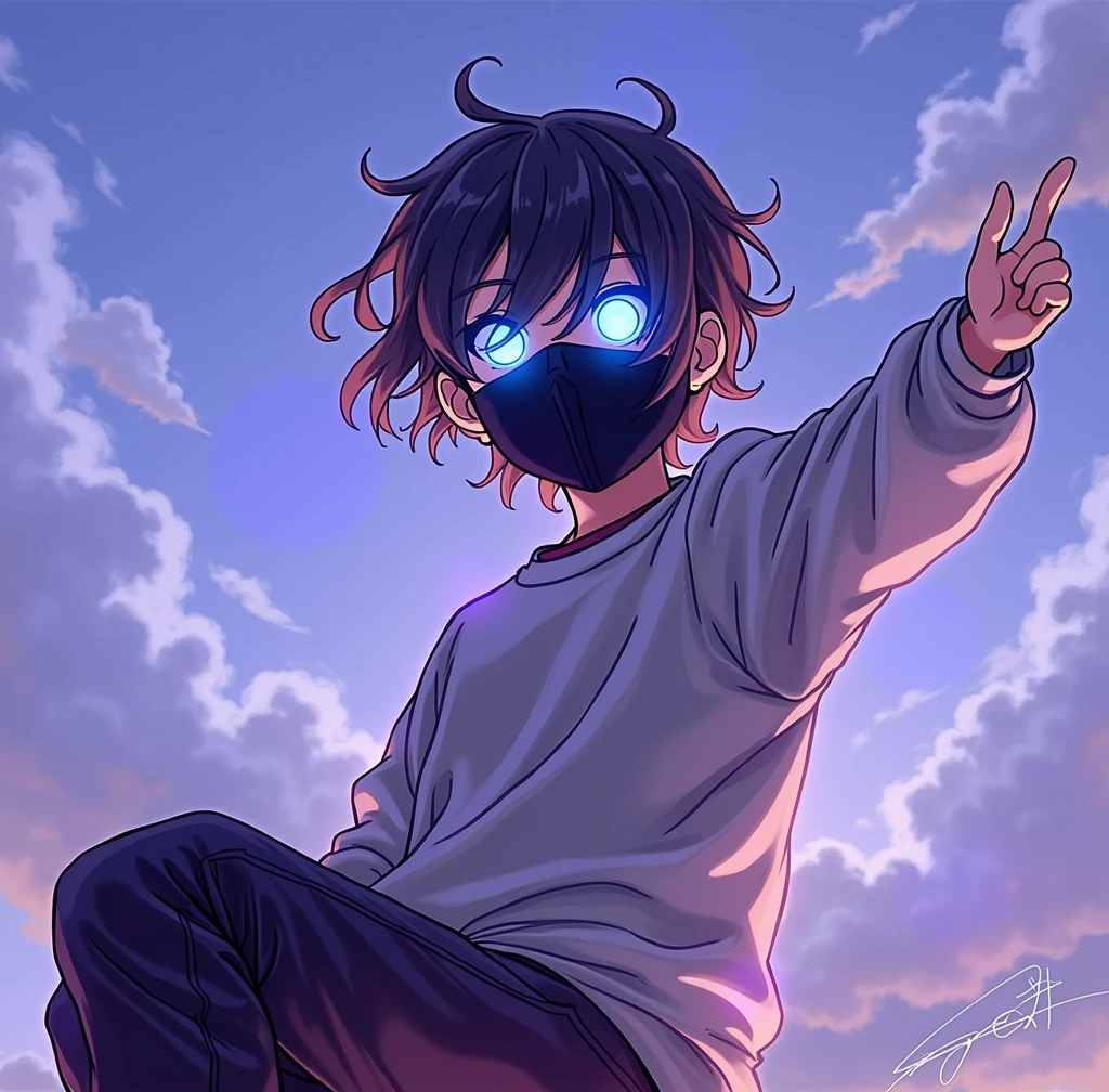 Boy floating with black oversized sweater with long hair brown skin with black mask with blue led eyes anime version
