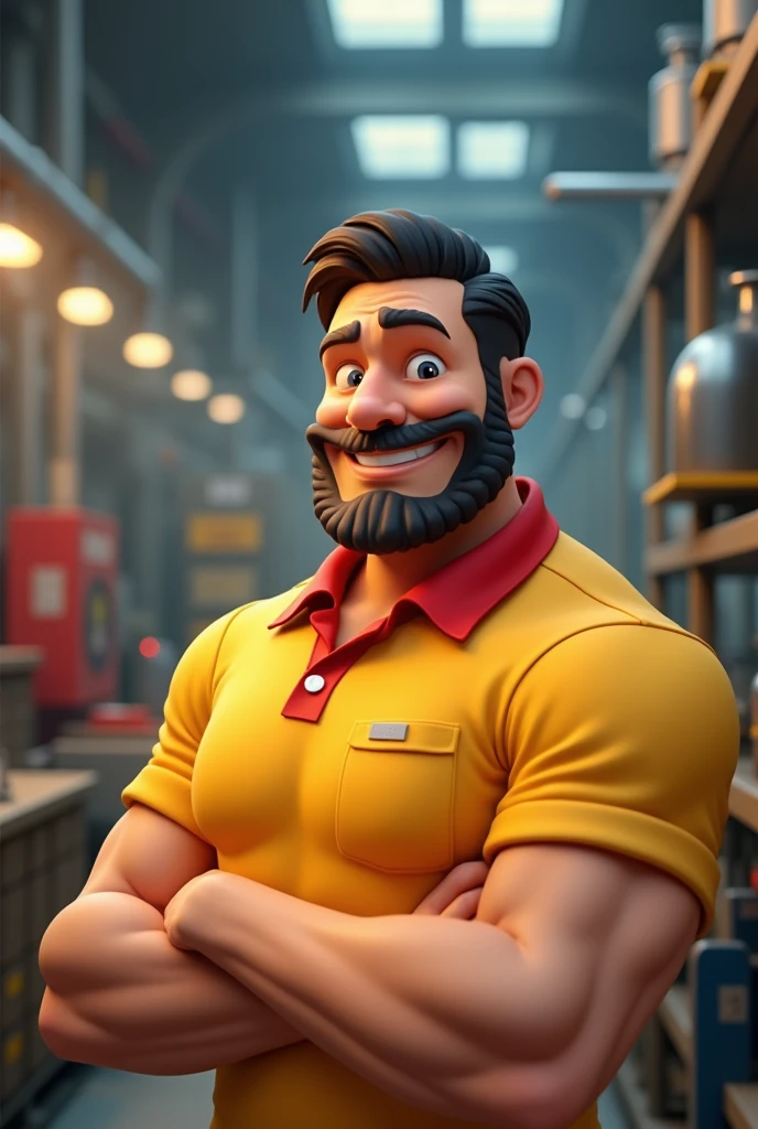 3d cartoon white man 40 years old 70 kilos muscular black hair brown beard furrowed forehead well-humored yellow polo shirt with red collar working in factory 