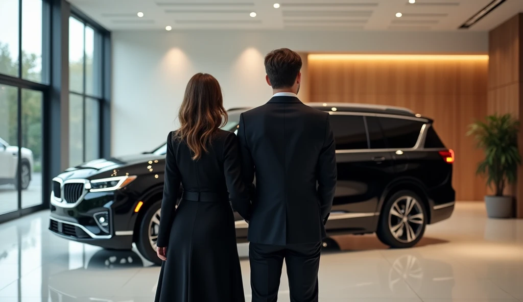 A married couple stands with their backs to the camera next to a black luxury minivan in a car showroom, full body