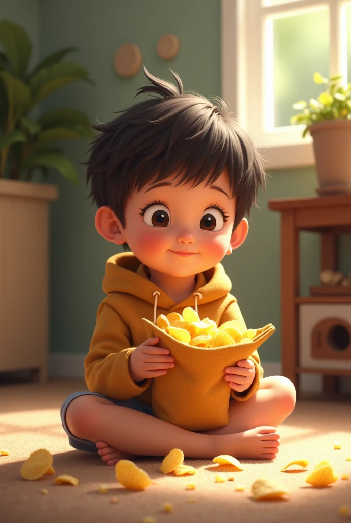 A child playing on the ground and eating chips