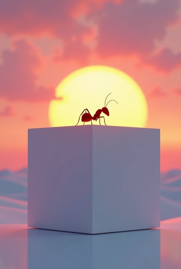 Ant with white cube standing in sunset