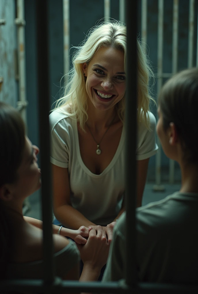 An American white blonde laughing at poor black people that are  in a cage 