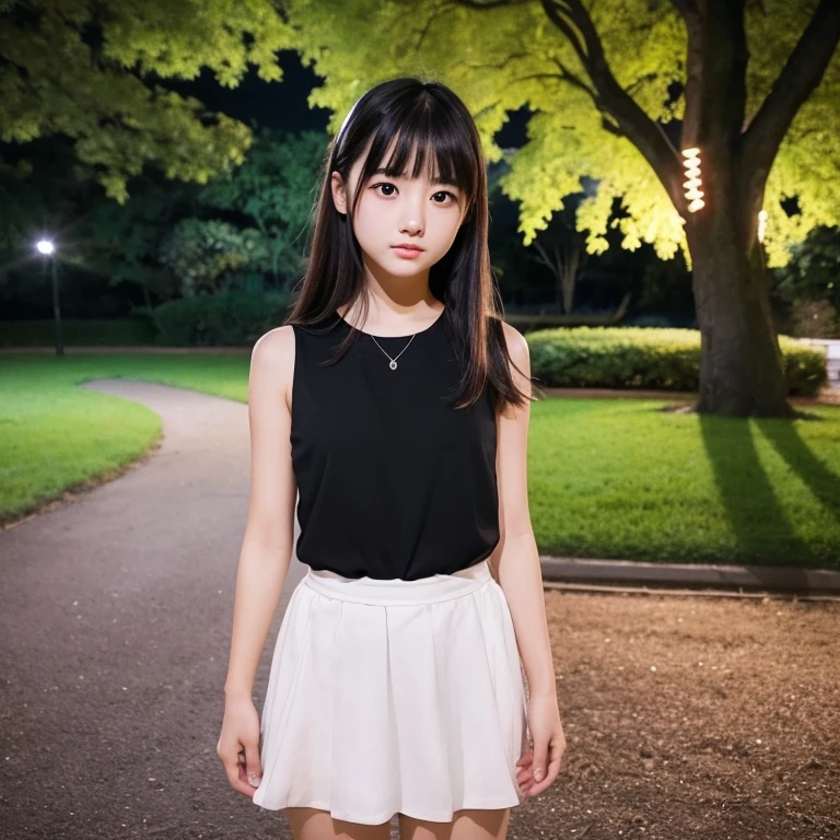 young japanese, Delicate and beautiful face, beautiful black eyes, His face expresses peace, calm, funny, full body girl in the park, night image, hyperrealistic image, vivid colors, photographic quality