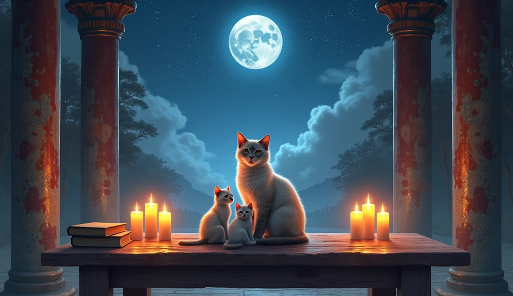 Give me a cat with 2 kittens on the table with 2 candles and books in an ancient Asian temple and a starry sky with a beautiful moon