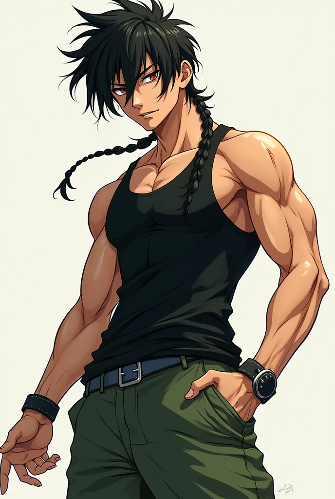 (photoanime1.2), Attractive man, 1, Pale skin, long messy black hair, black tank top, wide leg shorts in moss green, black sneakers, defined physique, light brown eyes, scar on his mouth,