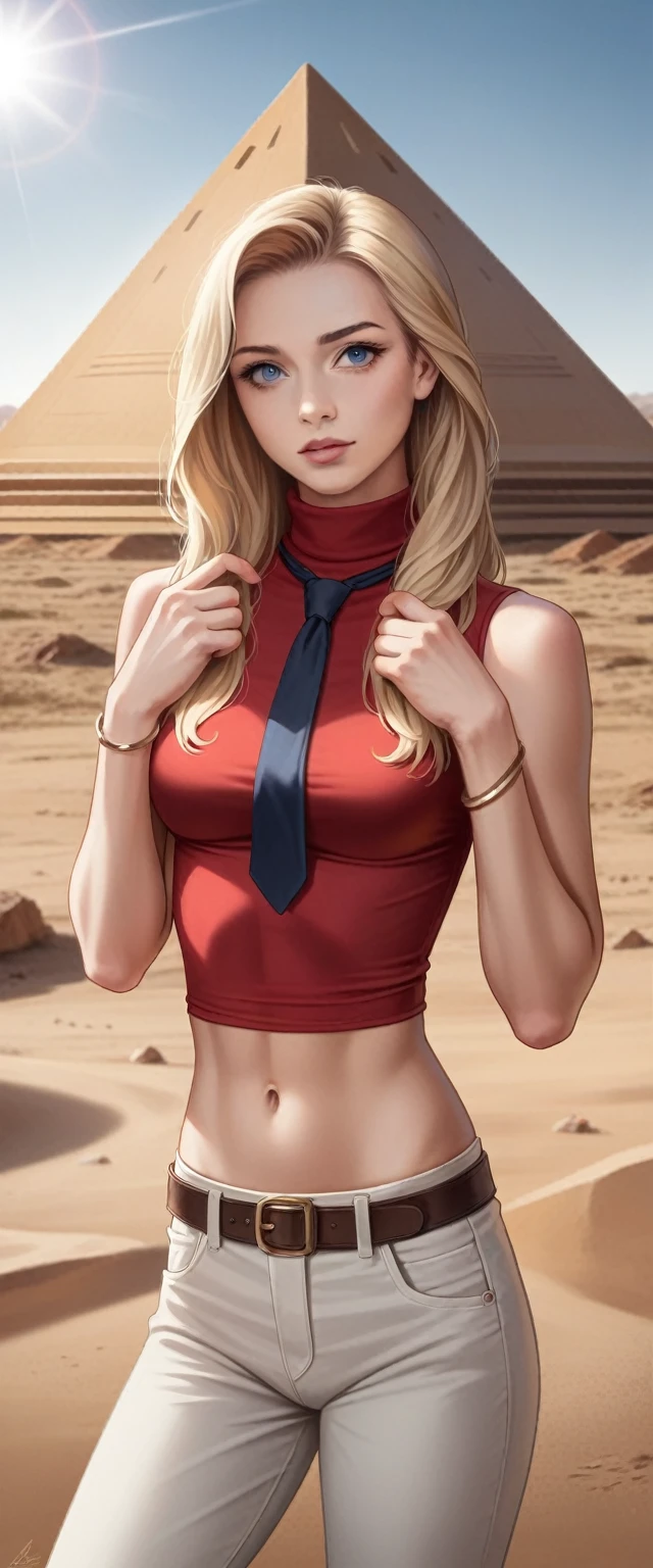 ((realistic)), ((photorealistic)),((in high definition, masterpiece, Best quality, Cinema Lighting)), masterpiece, Best quality:1.2), upper body, One, 1 girl, liz, belt, blonde hair, Blue eyes, He has, Crop top,lifts her top, exposing her , He has, long hair, Life, Navel, tie, trousers, One,  sleeveless turtleneck, desert, pyramid,masterpiece, Best quality, 4K, Photo, cinematic lighting, model shooting, perfect lighting, perfectly detailed face, professional photo shoot, masterpiece, Best quality,red turtleneck, (((medium breasts 1.3))), bracelet,