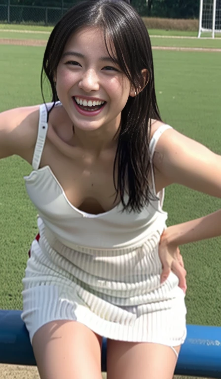 Beautiful woman looking at camera、detailed photo、 person、(Slimed、small tit、flat 、small exy pose:1.2、Wet body、sodden、sexy pose、Wet body、sodden、A slender、From above、Delicate and sexy collarbone、1 woman、toru & Field Athlete、(white Sport Mini Dress)、Painted from head to knee、Show your teeth and laugh out loud、playground
