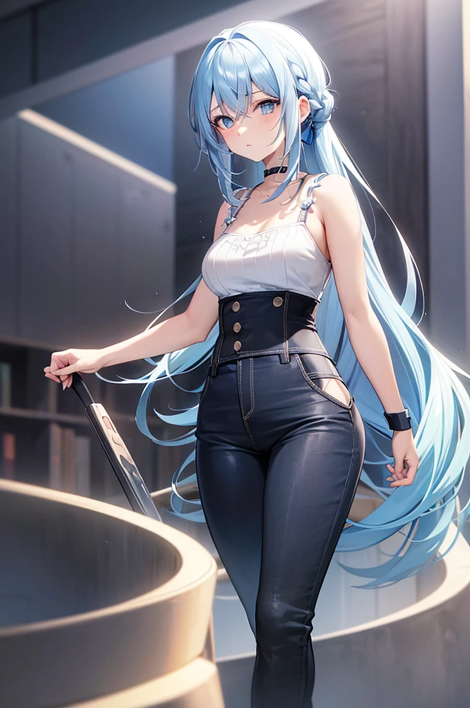 hd, Anime girl, clean and meticulous anime art, blue hair with white tips, long hair tied into a single braid, spiky hairstyle, beautiful anime art style, athletic anime girl portrait, light blue eyes, lovely art style, Soft anime illustration, confident, pants, camisole, thin waist, upper body, standing.