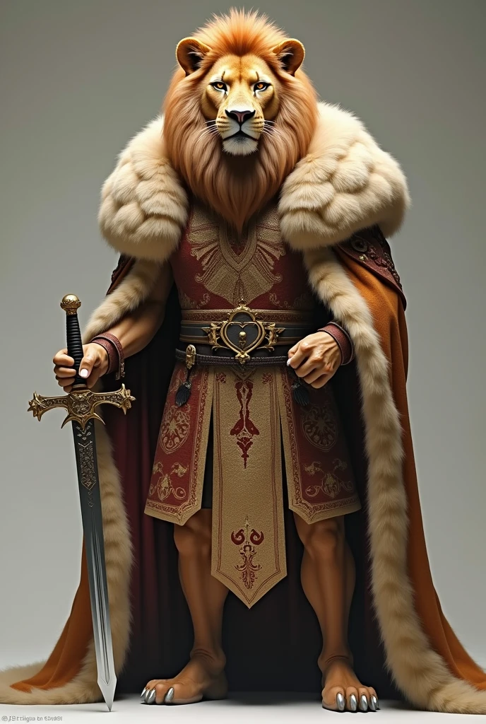 (photorealism:1.2), beautiful lion standing on his leg  and wearing furry  clothes  and hold a sward in his hand