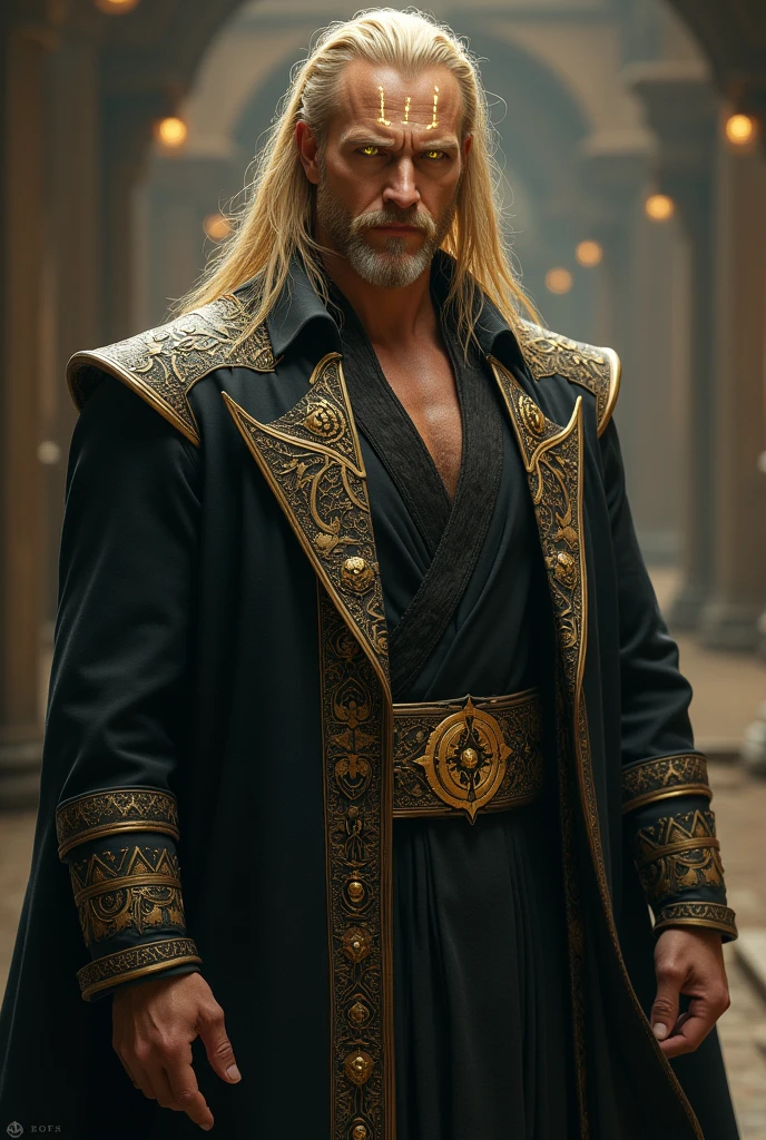 Imagine a majestic and mysterious male figure, with glowing mark on his forehead, piercing yellow eyes and golden  hair that falls to his broad shoulders. His chiseled features and strong jawline convey a sense of power and intensity, while his subtle smile hints at a deep wisdom and knowledge. He wears a long, dark coat with intricate golden trim, adorned with symbols of ancient mythology. His presence is commanding and awe-inspiring, exuding a sense of ancient wisdom, mysticism, and untold stories.