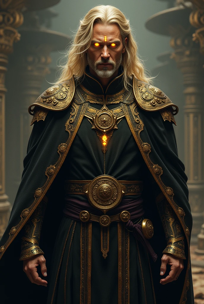 Imagine a majestic and mysterious male figure, with glowing mark on his forehead, piercing yellow eyes and golden  hair that falls to his broad shoulders. His chiseled features and strong jawline convey a sense of power and intensity, while his subtle smile hints at a deep wisdom and knowledge. He wears a long, dark coat with intricate golden trim, adorned with symbols of ancient mythology. His presence is commanding and awe-inspiring, exuding a sense of ancient wisdom, mysticism, and untold stories.