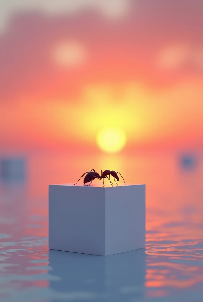 Ant with white cube standing in sunset