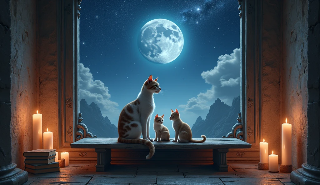 Give me a cat with 2 kittens on the table with 2 candles and books in an ancient Asian temple and a starry sky with a beautiful moon