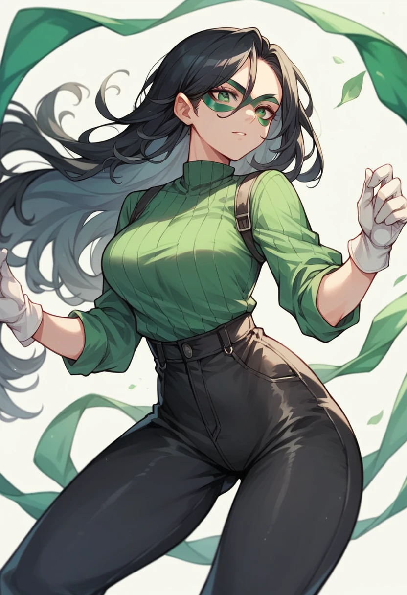 girl, beautiful, long black hair, warm skin, green domino mask, green shirt, black pants, white gloves, white boots