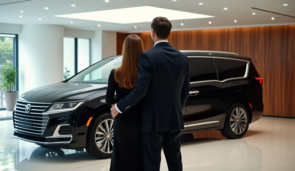 A married couple stands with their backs to the camera next to a black luxury minivan in a car showroom, full body