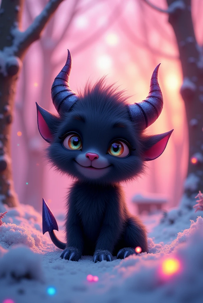 Cute black devil、(Fluorescent Color:1.4)、(translucent:1.4)、(Retro filter:1.4)、(fantasy:1.4)、Candy world Disney fantasy fluffy soft scenery forest snow avatar pink sky green blue glow dreamy lights soft soft glow rainbow stars diamond glitter gem background surreal ultra hd movie lighting huge details full hd full light、
