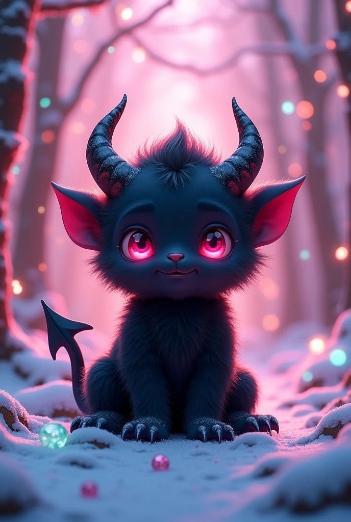 Cute black devil、(Fluorescent Color:1.4)、(translucent:1.4)、(Retro filter:1.4)、(fantasy:1.4)、Candy world Disney fantasy fluffy soft scenery forest snow avatar pink sky green blue glow dreamy lights soft soft glow rainbow stars diamond glitter gem background surreal ultra hd movie lighting huge details full hd full light、