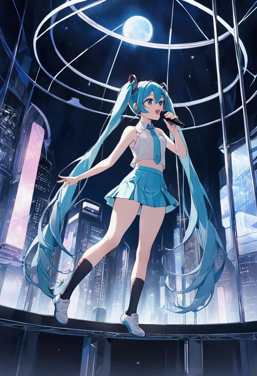 (Hatsune Miku,Light blue hair,Twin tails,No sleeve,tie,mini skirt,socks),((Blue is the predominant color)),(Shining futuristic city at night,Night view,Cyber World),(Dynamic pose,Standing on a glass stage,Cool look,singing,Holding a microphone)