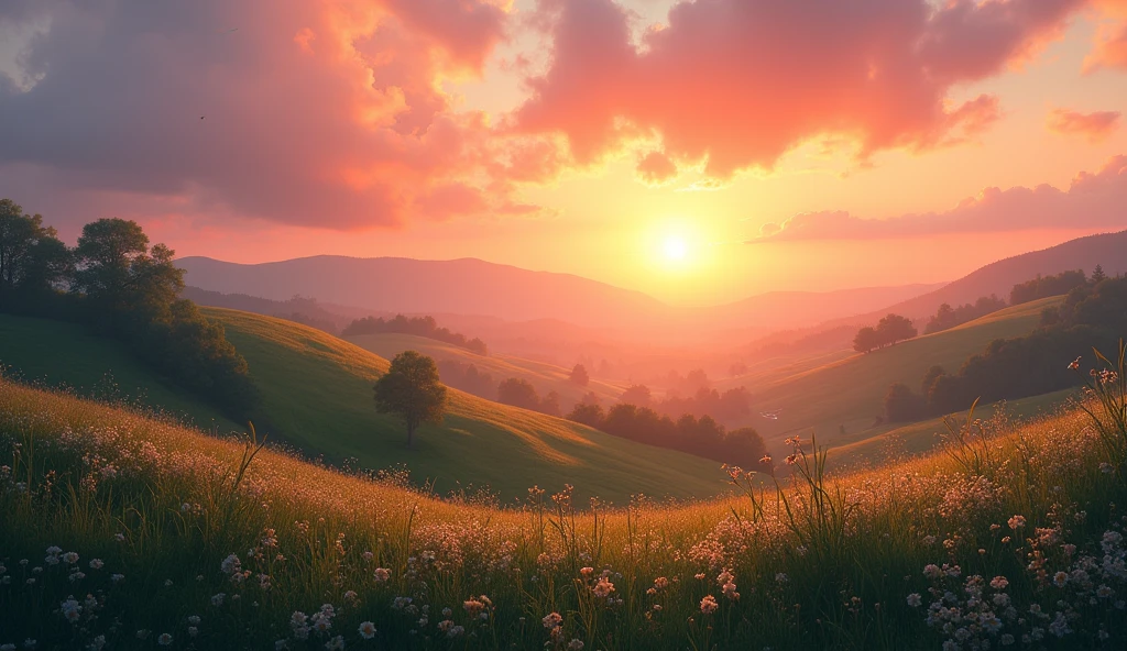 A serene sunrise over a tranquil landscape.