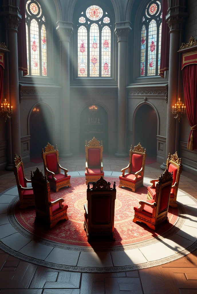 7 antique kings&#39; chairs put together in a circle in a castle 