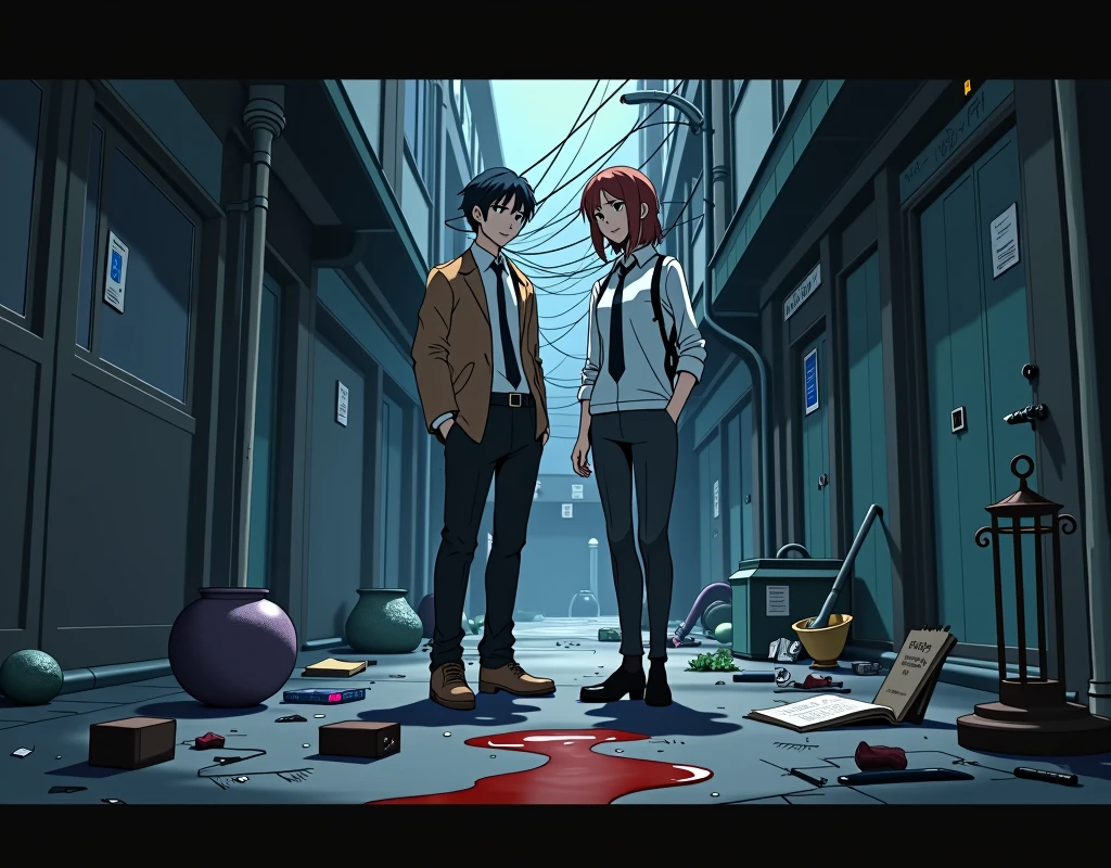 Make a visual novel anime CG where a male detective and his companion a girl detective both of them 20 years old are looking at a crime scene