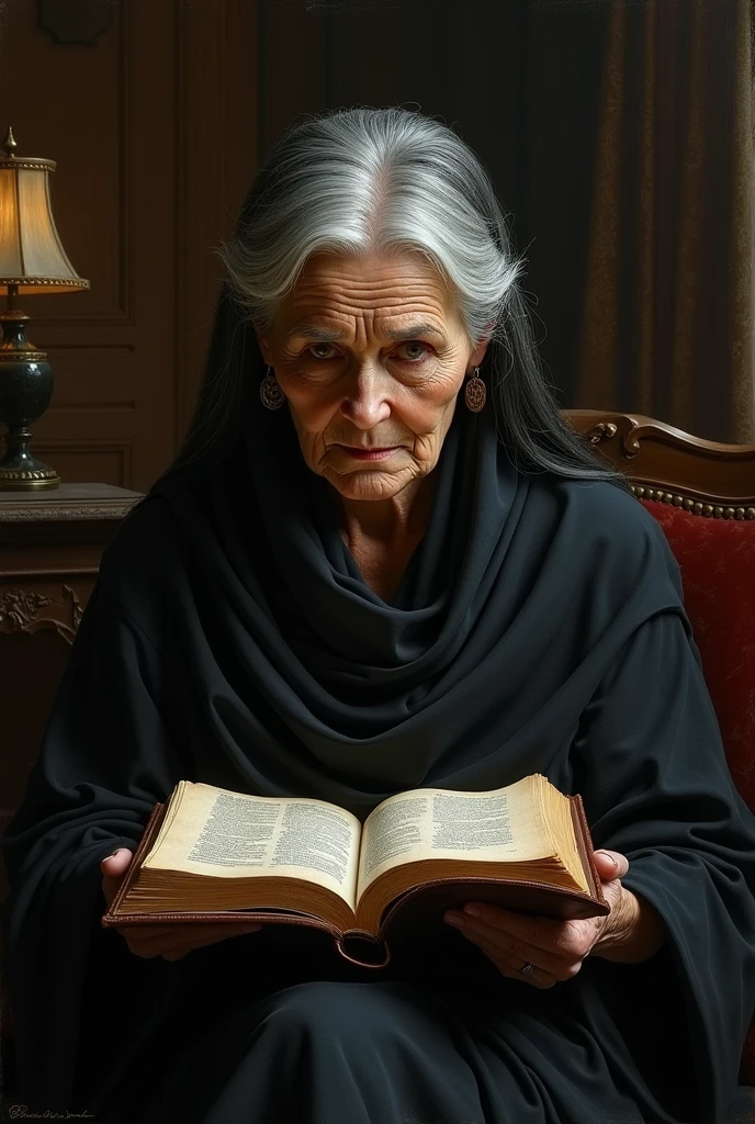 80 year old woman ,king , slim , straight hair with volume in black with silver gray hair, black eyes, who is reading the Bible