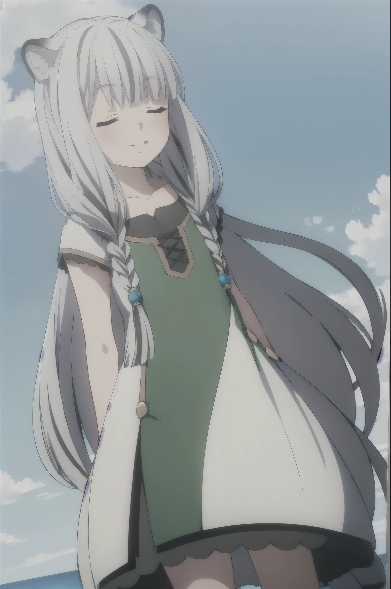 ((masterpiece)), (Best quality), (ultra detailed), photorealistic, (best illustration), ((very gentle and beautiful)), 1 girl, One, long hair, tiger ears, [:tiger tail under:0.2], White hair, Two-tone hair, feet behind the frame, White dress, (a green dress:1), multi-colored dress, Twisted, standing, closed eyes, smile, black skirt, Short sleeves, detailed scenery, blue sky, horizon, low double braids, double braids, hair ornament, bracelet, (hand on chest:0.9), blush