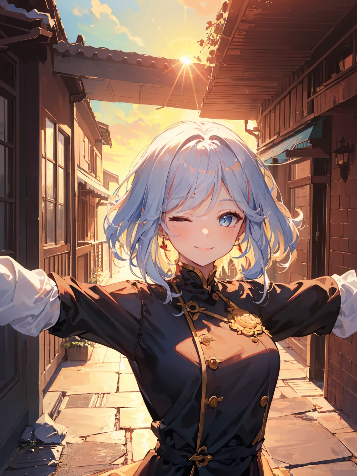 (Masterpiece, best quality), (real pictures, intricate details), (afternoon, sun, sunny) Alley mouth, embrace the sun, the sun hits the body, the eyes are slightly closed. (1 girl, messy short white hair, embracing the sun, smiling raised chin, side face) spread her arms,