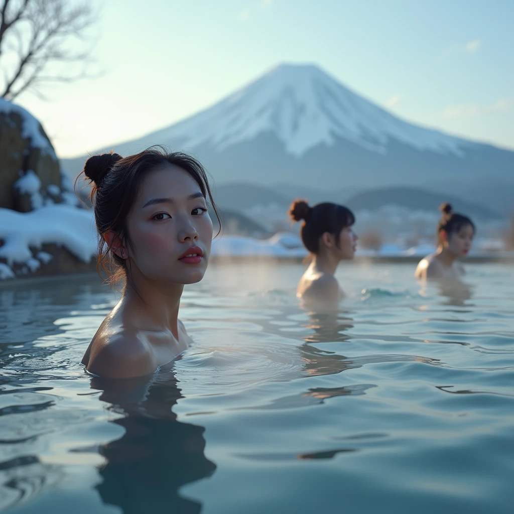 A snowy winter landscape with Mt. Fuji in the background, people bathing in an outdoor onsen hot spring, beautiful detailed eyes, beautiful detailed lips, extremely detailed eyes and face, long eyelashes, relaxing atmosphere, (best quality,4k,8k,highres,masterpiece:1.2),ultra-detailed,(realistic,photorealistic,photo-realistic:1.37),landscape,natural lighting,warm colors,steam,mist,tranquil,serene