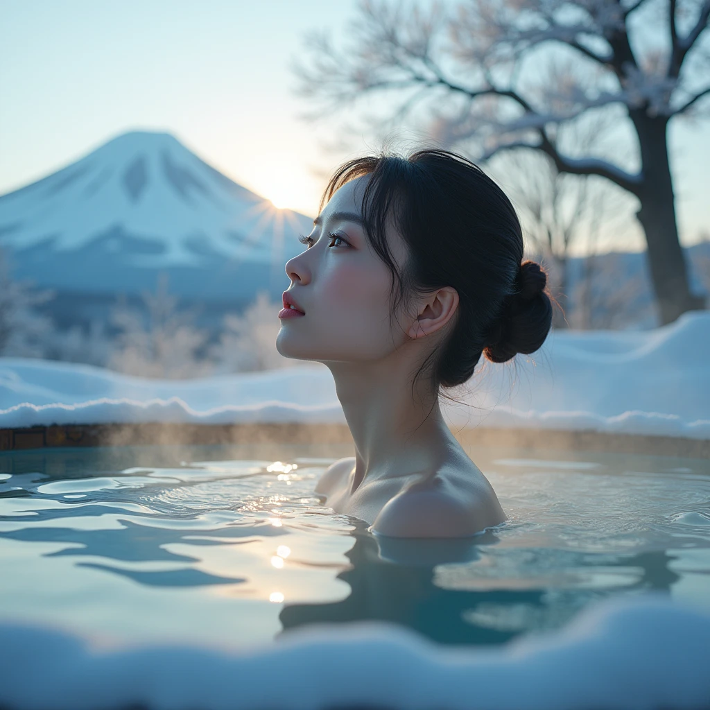 A snowy winter landscape with Mt. Fuji in the background, people bathing in an outdoor onsen hot spring, beautiful detailed eyes, beautiful detailed lips, extremely detailed eyes and face, long eyelashes, relaxing atmosphere, (best quality,4k,8k,highres,masterpiece:1.2),ultra-detailed,(realistic,photorealistic,photo-realistic:1.37),landscape,natural lighting,warm colors,steam,mist,tranquil,serene