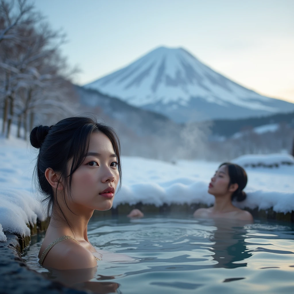 A snowy winter landscape with Mt. Fuji in the background, people bathing in an outdoor onsen hot spring, beautiful detailed eyes, beautiful detailed lips, extremely detailed eyes and face, long eyelashes, relaxing atmosphere, (best quality,4k,8k,highres,masterpiece:1.2),ultra-detailed,(realistic,photorealistic,photo-realistic:1.37),landscape,natural lighting,warm colors,steam,mist,tranquil,serene