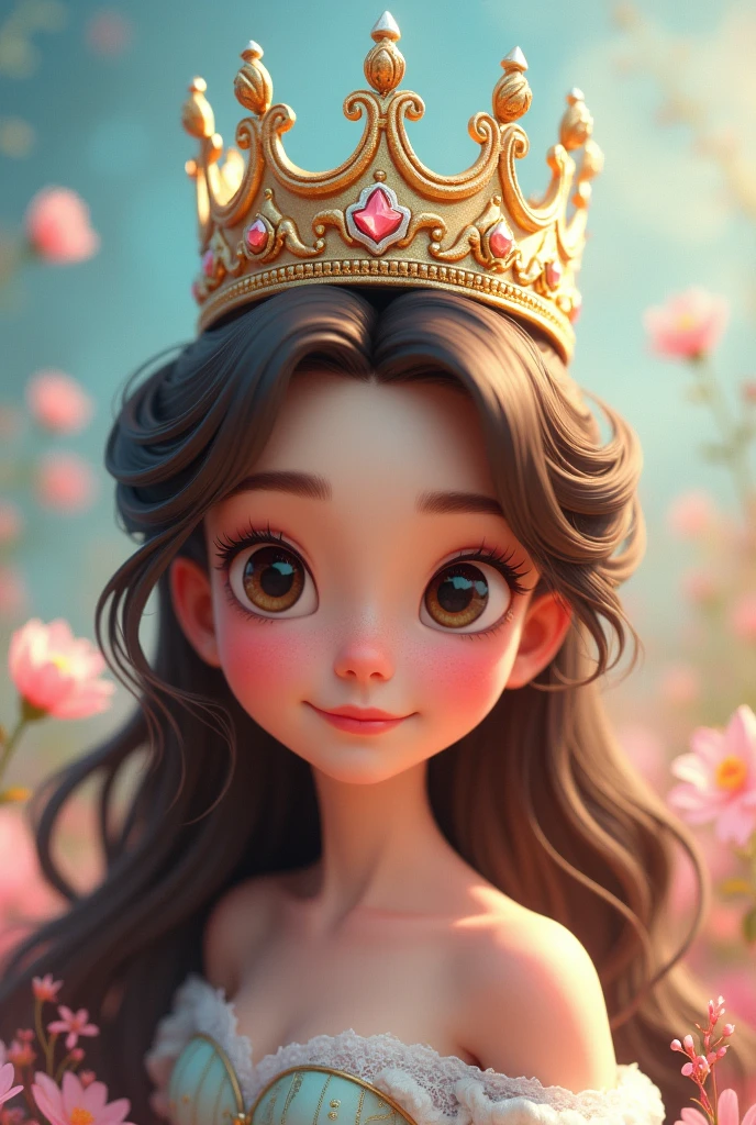 A crown with a cute brunette princess with the crown about to fall off