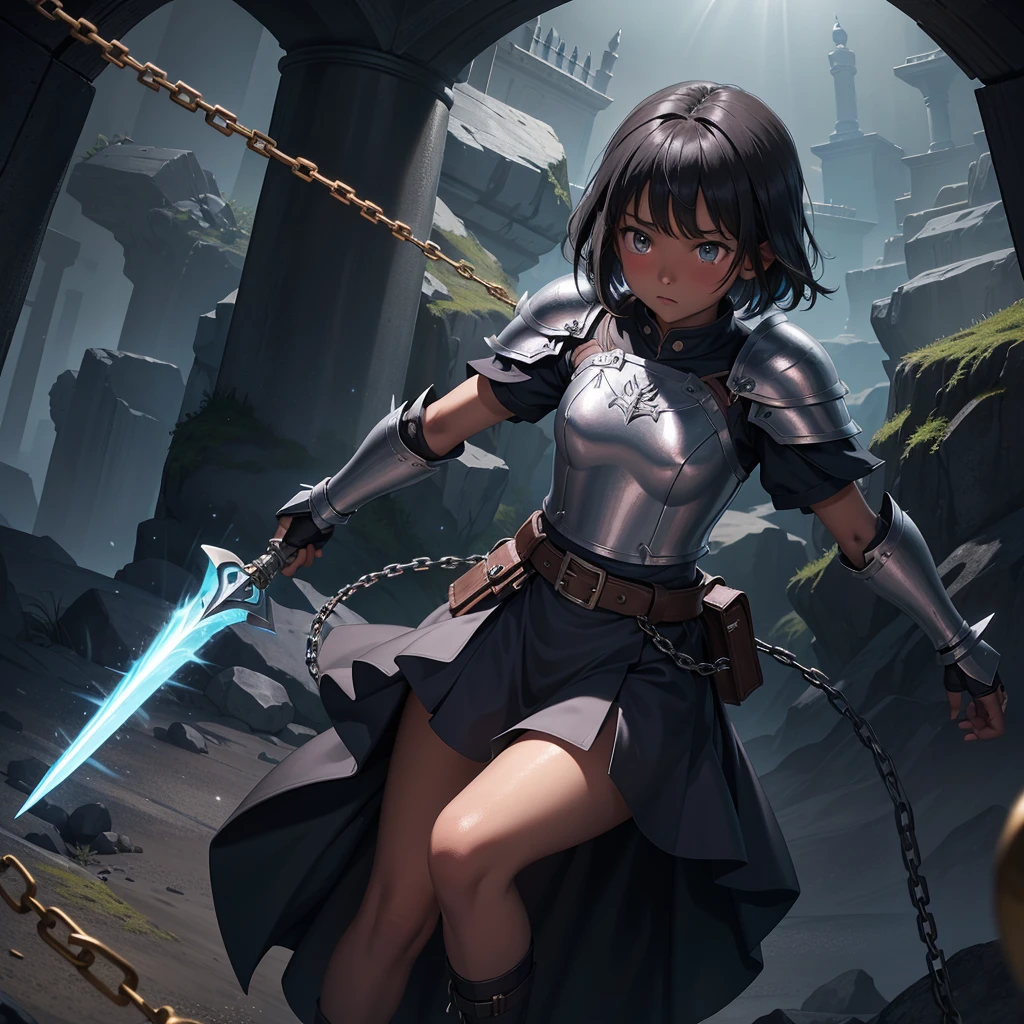 最high quality、high quality、Simple Cloth Armor、１０Year-old girl adventurer、Equipped with a weapon that has a short chain at the end of a stick and a spiked iron ball at the end of the chain、In a dark maze