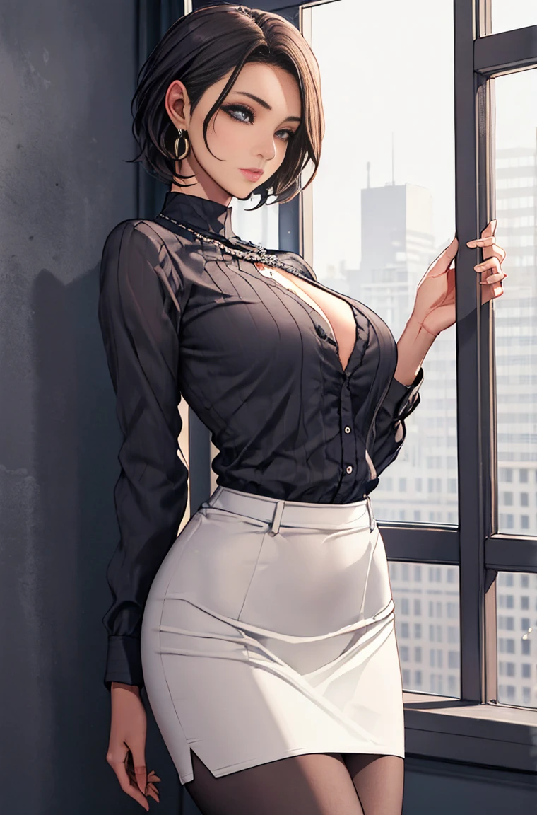 ((Software))、(1.Miss、Solitary)、Ultra-realistic capture、非常にfamiliar、High-resolution 16K close-up of human skin、Skin texture must be natural、familiar:毛穴がfamiliarに識別できる程度、Skin looks healthy、The color tone is even、Use natural light and color、((Full body shot))、オフィスルームのMiss, White Wall, Gray table, plant, window, A masterpiece of sexy poses))), ((best quality)), ((complicated)), ((Surrealism)), Foolish answer, 成熟したMiss, 成熟したMiss, view, very familiar, shape, 1 girl, ((Large Breasts)), Perfect hands, 指のfamiliar, Slender beautiful eyes, short hair, Brown eyes, Chief Executive Officer(Chief Executive Officer(Chief Executive Officer(CEO, (Set:1.2), Open Office Shirt, tight skirt, Black necklace, earrings, stocking, familiarな背景, bedroom, Perfect eyes, Charming eyes, Looking at the audience, From below