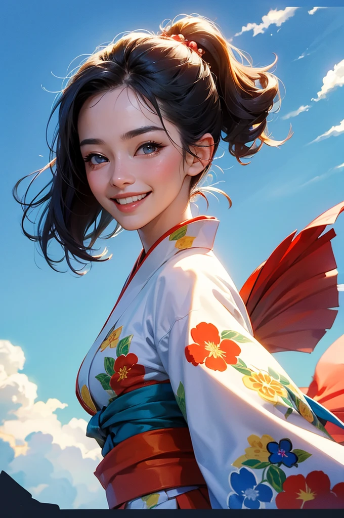 Bust-up of a beautiful woman in a kimono showing a bright smile and thumbs up under a blue sky