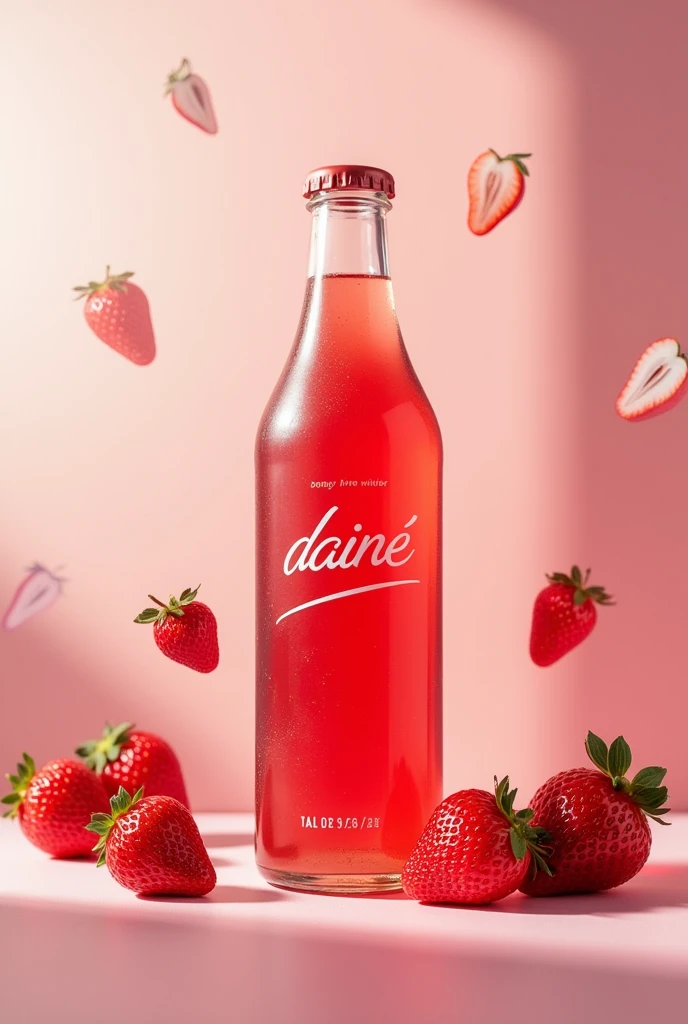 strawberry drink in a flat bottle with nice branding name "Dainé" and make stickers on the bottle that have strawberry 