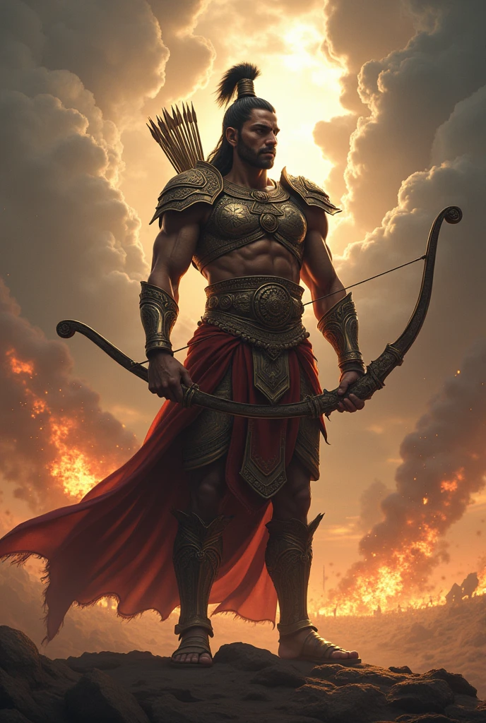 Mahabharat me ek yodha jo dhanush haathon me liye khada hai or piche Yudh ho rha hai aasman me badal chaye huye hai