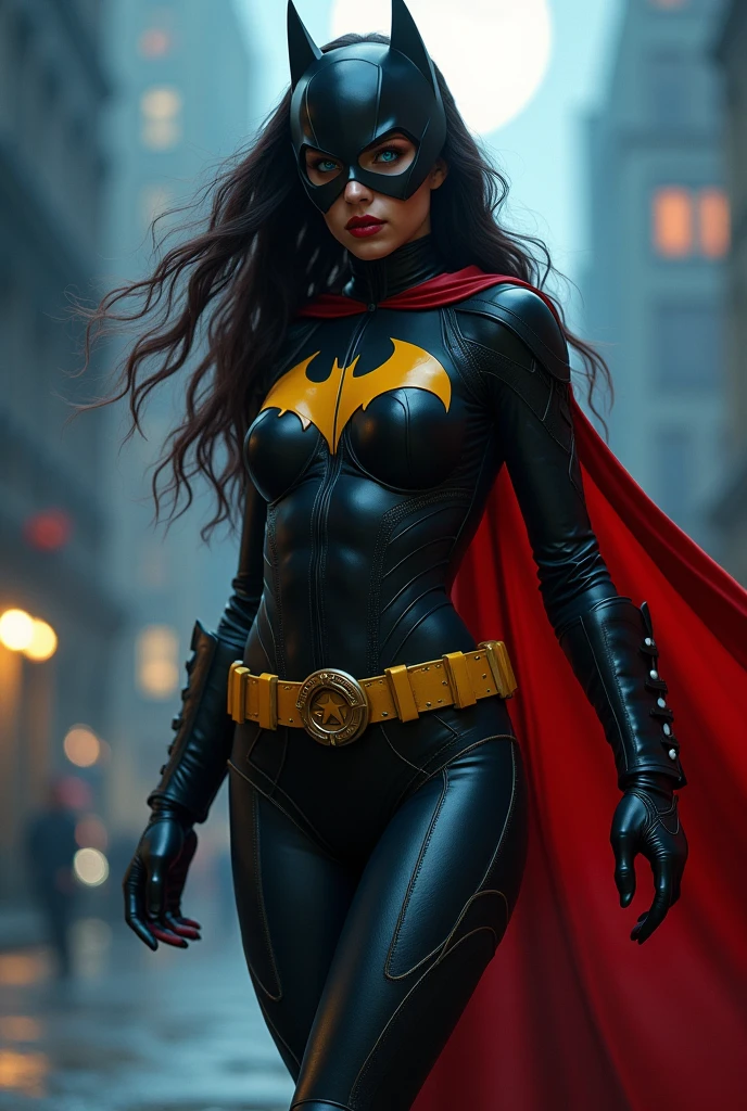 (Batgirl and Batwoman mix:1.5) (long red hair:1.3), blue eyes, detailed eyes, detailed lips, (sensual,heroic, full body:1.5), (majestic locations at night with mist and moonlight, Gotham cityscape:1.3), night photo, (photo from many different angles:1.5), black and yellow costume with bat symbol, red cape flowing in the wind, utility belt, black boots, ray tracing, (best quality, 4k, 8k, highres, masterpiece:1.2), ultra-detailed, (realistic, photorealistic, photo-realistic:1.37), HDR, UHD, masterpiece, professional, vivid colors, bokeh, studio lighting”. A mix of Batgirl and Batwoman, with a tall, athletic build and a strong yet graceful physique. She has a toned, muscular body that reflects her combat skills and agility. Long, flowing black,red hair that cascades down her back, adding to her vibrant and heroic appearance. The hair should have a natural shine and slight waves. Striking blue eyes that convey determination and intelligence. The eyes should be detailed, with a slight sparkle to reflect her vigilant nature. Detailed and full, often with a natural or slightly glossy look. Black and Yellow Costume: A form-fitting black bodice with a yellow bat symbol on her chest, symbolizing her connection to Batman. The costume should be designed to be both functional and stylish, highlighting her athletic build.Red Cape: A flowing red cape that billows in the wind, adding a dynamic and heroic element to her appearance. The cape should have a slight texture to show movement.Utility Belt: A yellow utility belt with various pouches and gadgets, essential for her crime-fighting activities. The belt should have intricate designs and be positioned around her waist. Knee-high black boots that are both practical and stylish, completing her iconic look. The boots should have a slight shine and detailed stitching. Majestic Locations at Night: The background features a Gotham cityscape bathed in the soft light of the moon, with mist and moonlight creating a mystical atmosphere. 