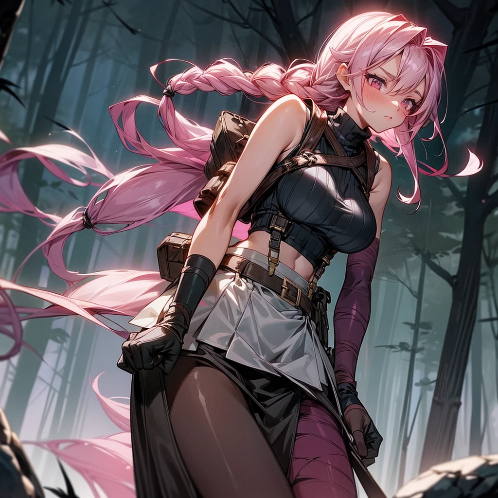 1female, sexy, big breast, young adult, finely detailed rose eyes, wild long hair, braided hair, fluorescent rose color hair, adventurer gear, suspenders, sleeveless crop top sweater, baggy combat skirt, night time, dark forest, somber expression, flowers, blushing, standing on path, lanturns, black armband, mma gloves
