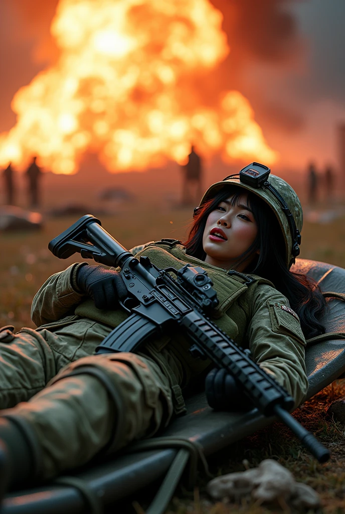 Photo-realistic, ultra-realistic, (very beautiful Japanese, famous Japanese idol:1.3), (Fully equipped for battle:1.5), holding m4a1 large assault rifle, (amazing view of massive explosion:1), (painful impressions, crying:1.3), (wearing an army soldier's Camouflage outfits with military helmet:1.5), (at a battle field of Abandoned Building at night), very large breasts, (tactical vest, military harness:1.3), (military long boots:1), dynamic angle, spectacular, (serious injured, lying on a stretcher:1.3), (muddied, damaged wears, damaged body:1.3),